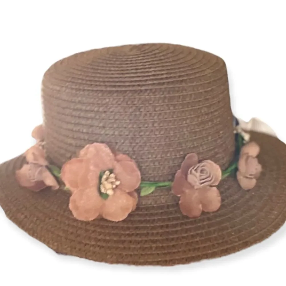 Brown Floral Lace Ribbon Band Summer Straw Sun Hat NEW